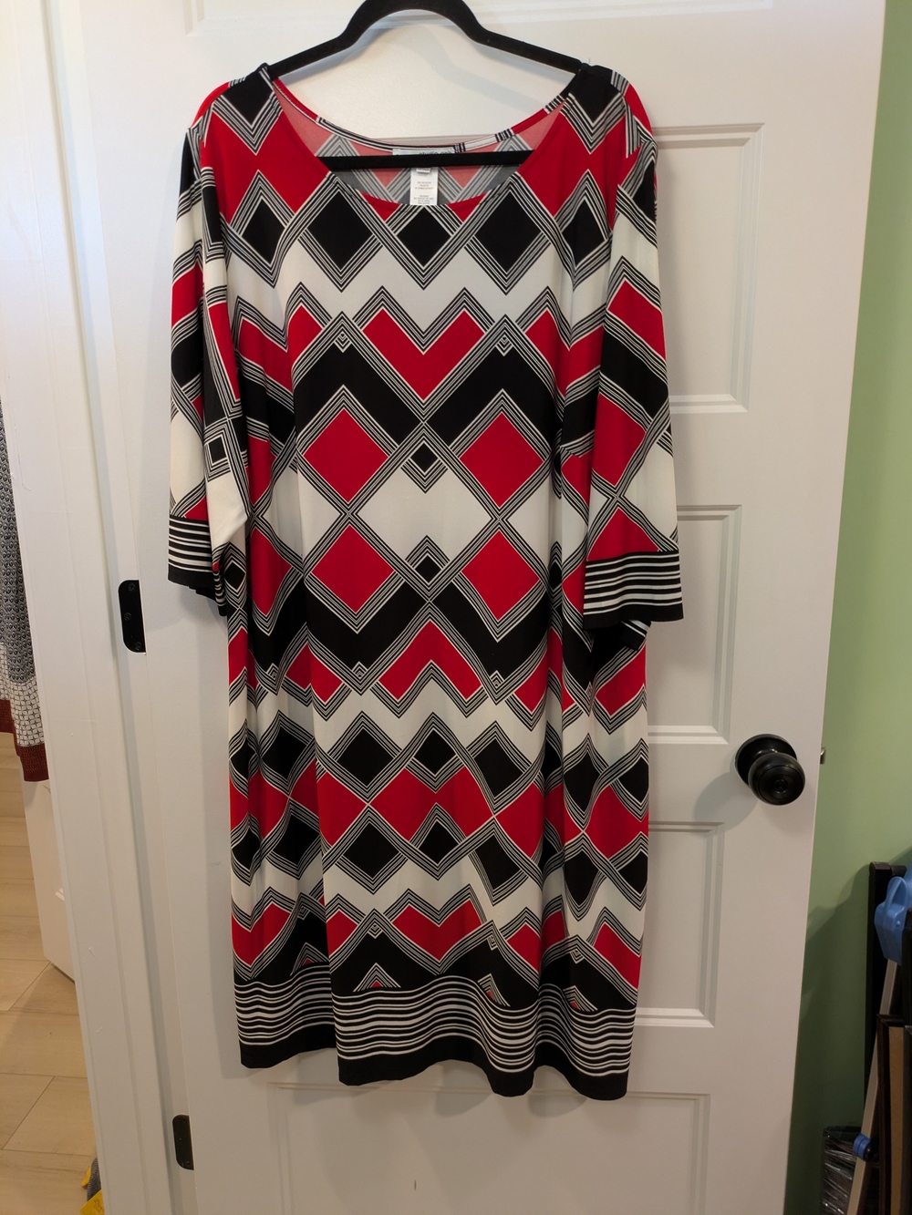 Geometric Red, Black & Cream Midi Dress with Scoop Neck